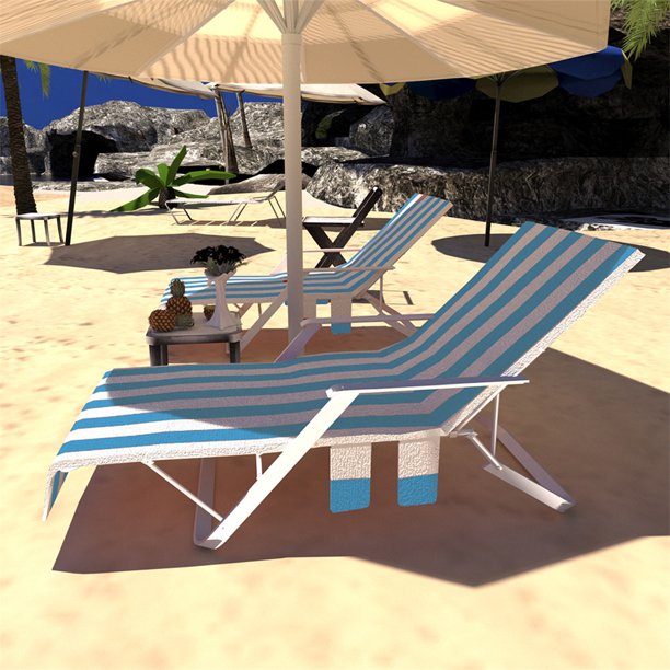 Beach Lounge Chair Towel Pool Chair Cover with Side Storage Pockets for