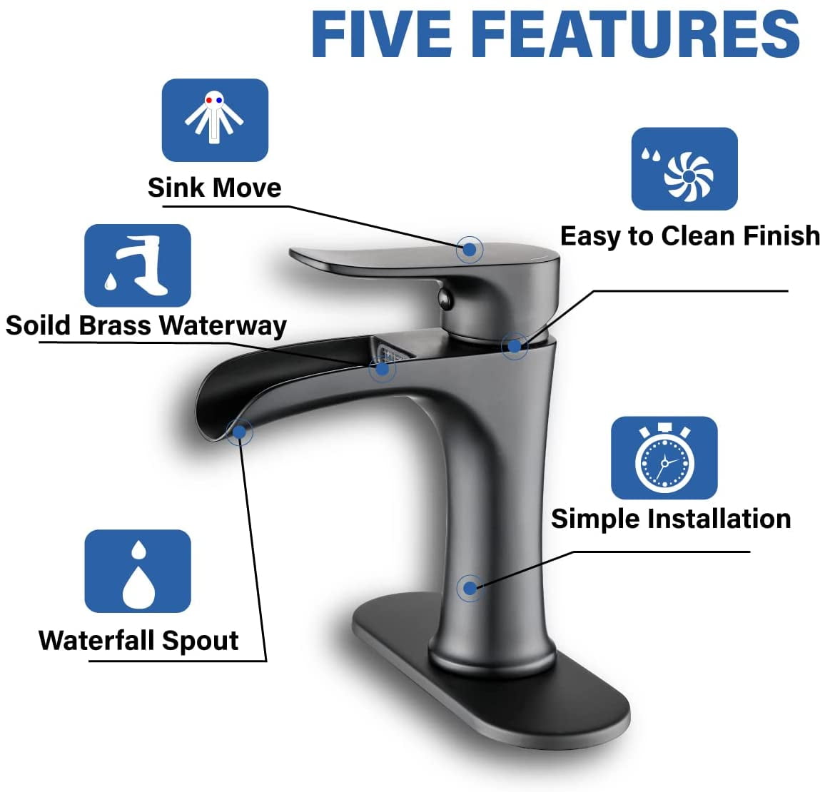 Matte Black Bathroom Faucet YUNDOOM Waterfall Bathroom Sink Faucet with Pop Up Drain Single Handle One Hole or Three Holes Vanity Faucet Farmhouse RV Bathroom Basin Faucet