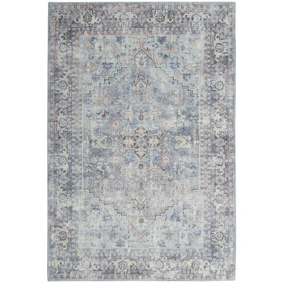 HomeRoots 6' X 9' Light Grey And Blue Medallion Distressed Washable Area Rug