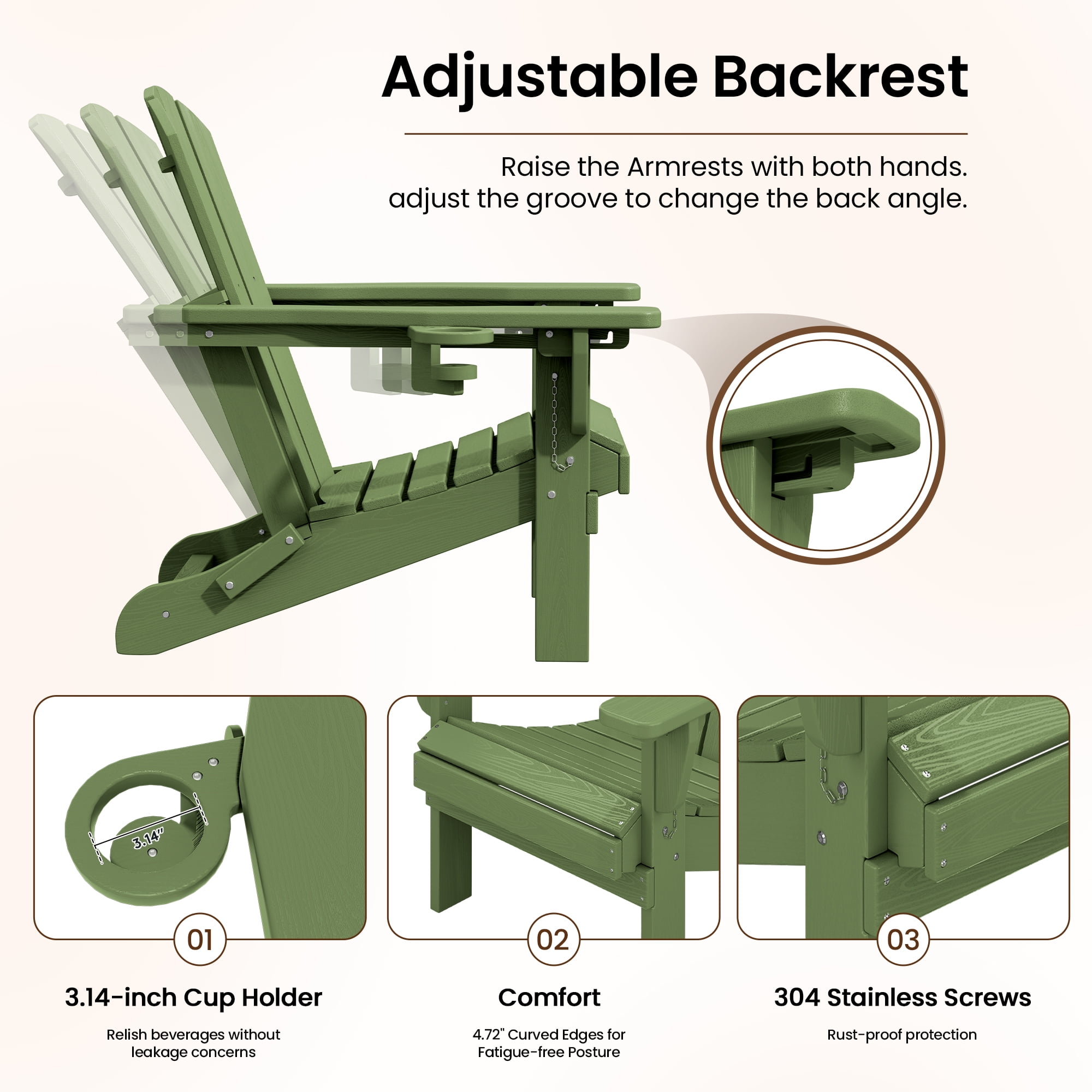 SERWALL Adjustable Folding HDPE Adirondack Chair Outdoor with Cup Holder, for Outdoor, Patio, Poolside, Garden, Avocado
