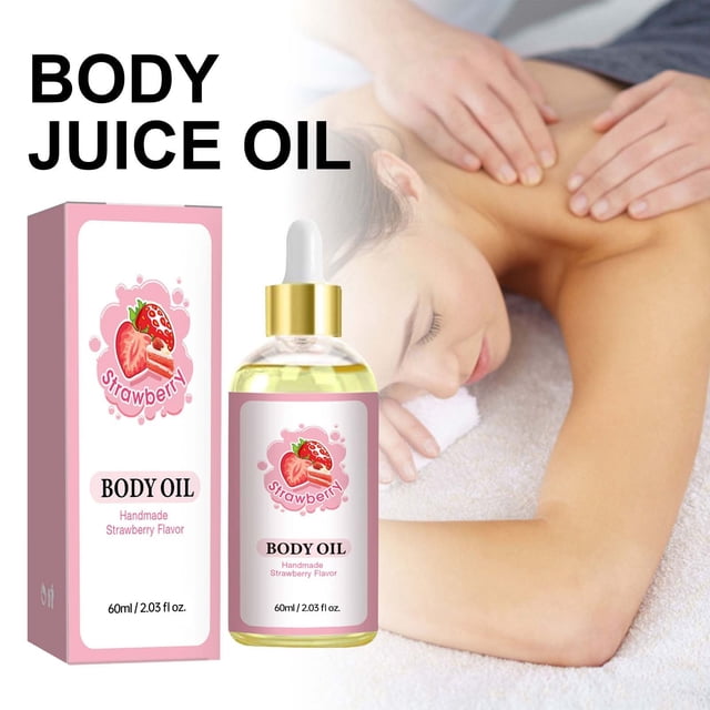 aceite esencial aceite corporal hidrata la piel suavizándola y evitando la sequedad 60ml a essence rosa Mychoice — Frontal de frasco con gotero y caja rosa con etiqueta de fresa; frasco muestra contenido líquido, tapa dorada y gotero blanco; fondo con masaje de espalda en ambiente de spa; indicado para hidratación, masaje o aplicación después de la ducha.