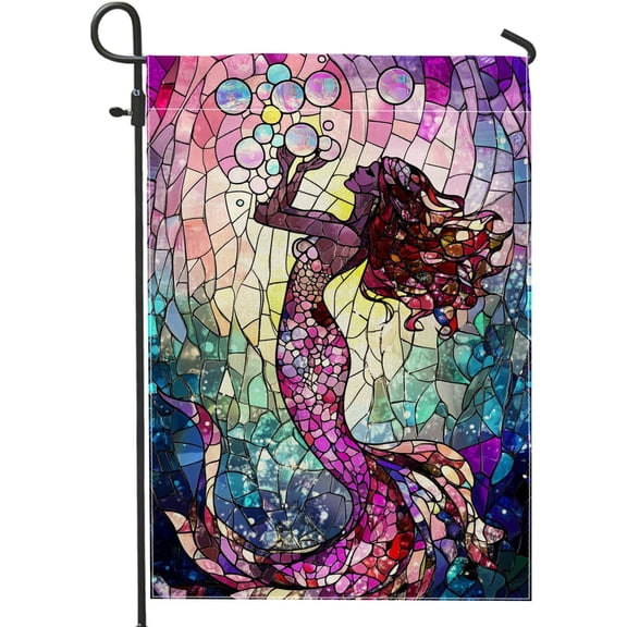 Mermaid Bubbles Garden Flag Double Sided Colorful Stained Glass Outdoor Lawn Decor 12 x 18 Inch