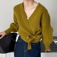 thumbnail image 3 of Cárdigan de cuello en V retro francés para mujer, abrigos de otoño 2023 con cordones, prendas de punto holgadas para mujer, suéter de manga larga liso con cintura de estilo holgado, 3 of 5