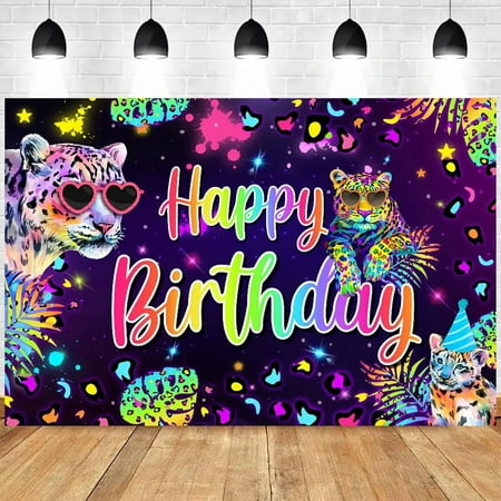 Image of Leopard Birthday Backdrop Neon Rainbow Photography Background Safari Wild Cheetah Birthday Photoshoot Party Supplies for Women