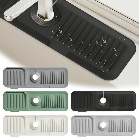 Viflosae Kitchen Sink Splash Guard Behind Faucet 17.7 x 5.5 Inch, Faucet Handle Drip Catcher Tray, Longer Silicone Sink Faucet Mat, DISH Soap Sponge Holder