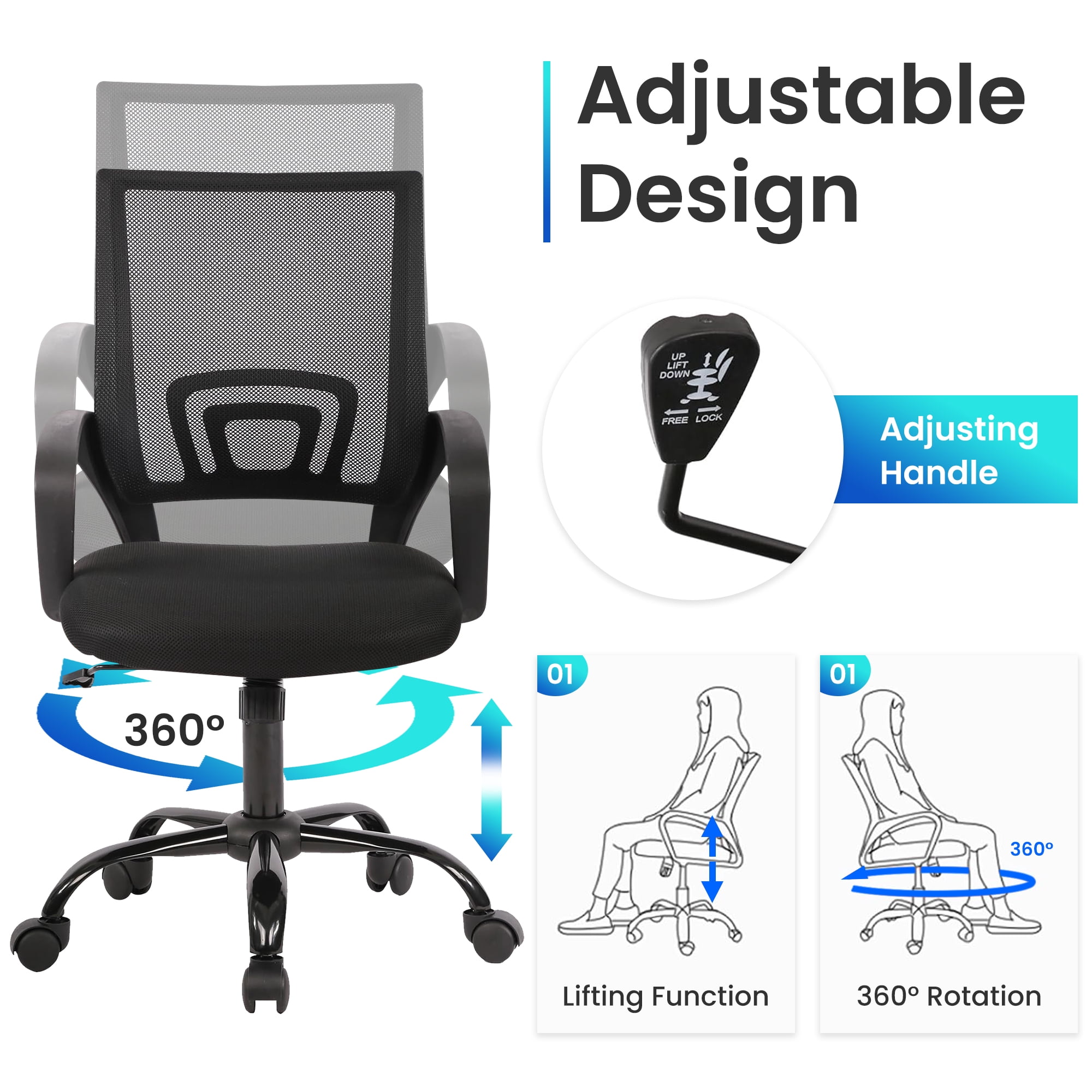 JONPONY Ergonomic Office Chair，Swivel Desk Chair with Lumbar Support, Adjustable Height with Armrests for Adults,Black