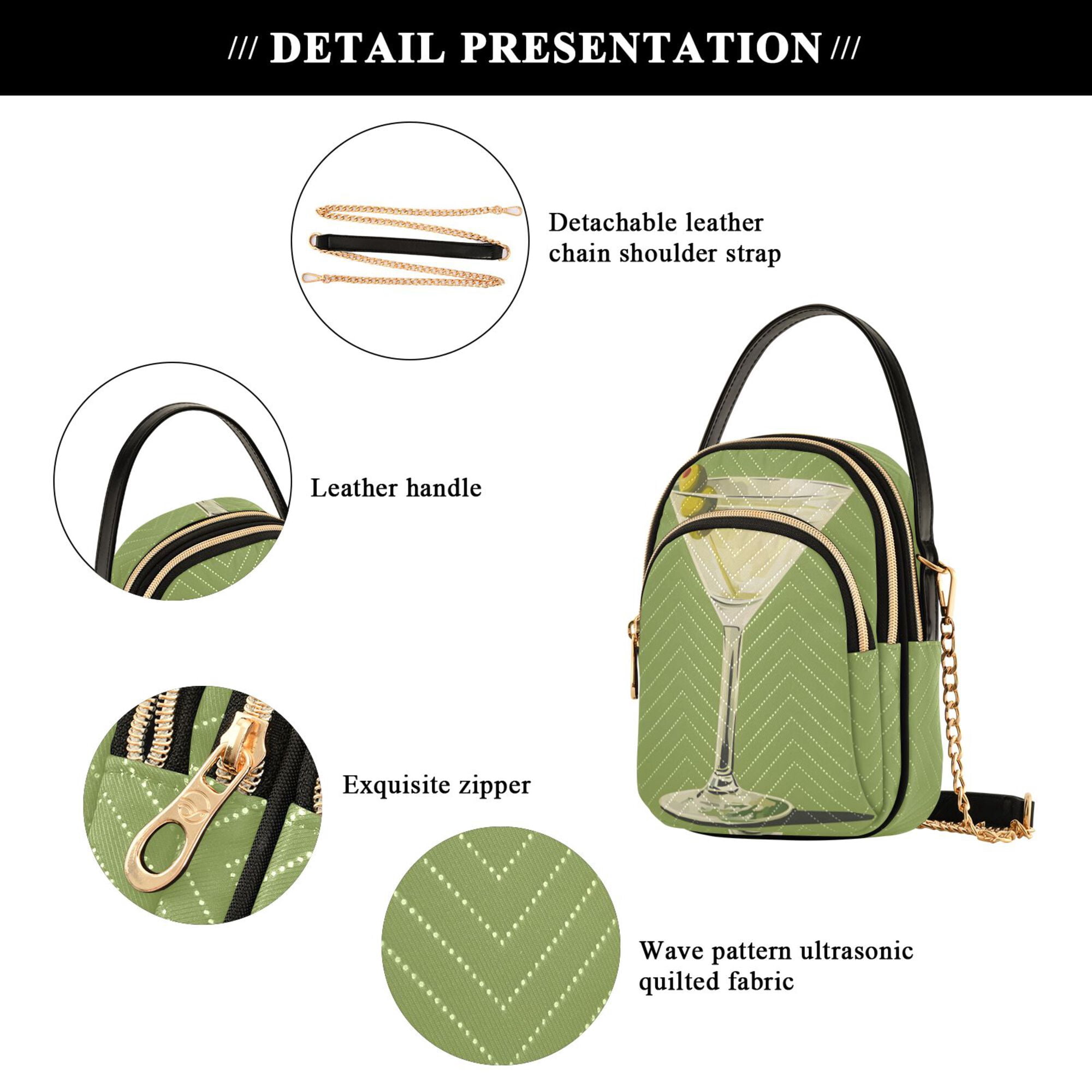 FORMRS Crossbody Bag for Women Quilted Travel Shoulder Cell Phone Purse with Chain Strap Handbag, Martini with Olive