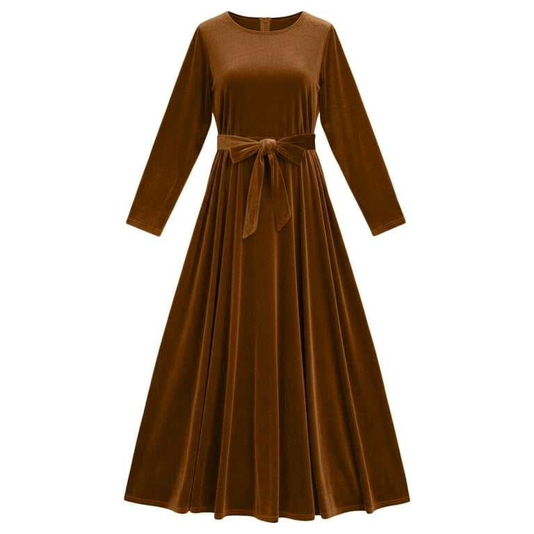 Adeawade Dress For Women Round Neck Long Sleeve Velvet Dress Autumn Winter  With Matching Fabric Belt Material Fit Versatile Clothes Brown Xl -  Walmart.com