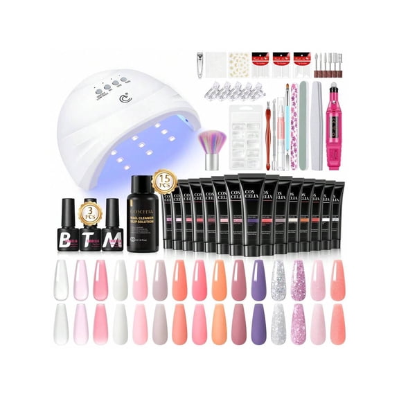 COSCELIA Poly Extension Gel Nail Kit 15pcs (10ml) - W/ UV Light, Pink/Clear/White/Glitter Gels, Top/Matte/Base Coat, Nail Drill - Spring & Summer Manicure Kit