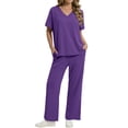 thumbnail image 2 of Fantaslook Lounge Sets for Women Casual 2 Piece Outfits Summer V Neck Short Sleeve Tops and Wide Leg Pants Pajamas Sets, 2 of 9