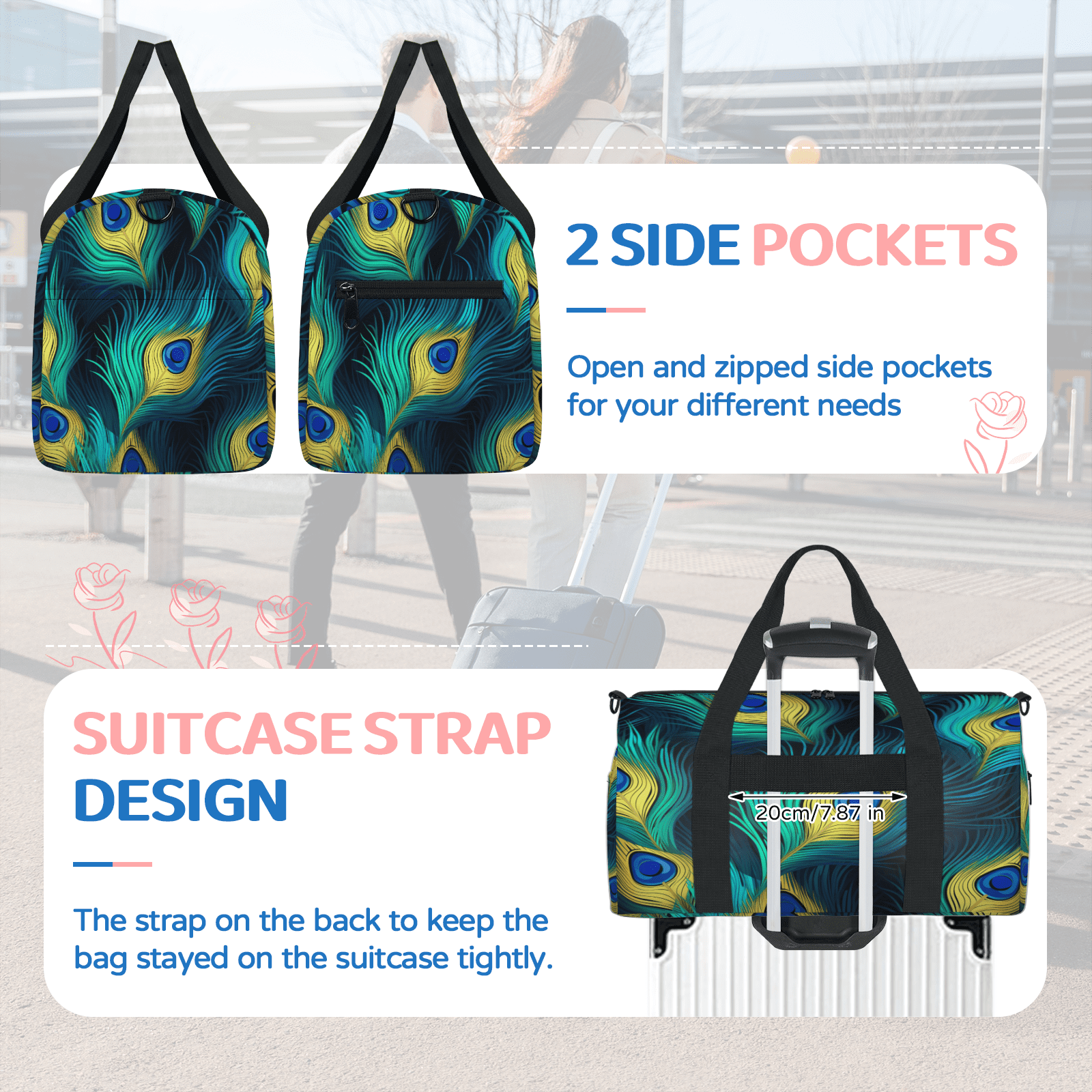 Herdesigns Peacock Bird Feathers Travel Duffle Bag Sports Yoga Weekender Overnight Carry on Workout Bags Lightweight Waterproof Gym Tote Bag for Women