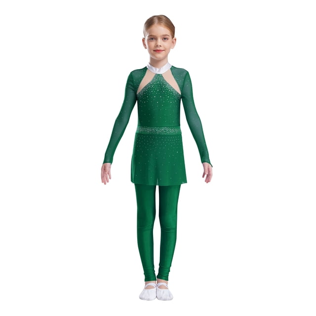 RUNQHUI Combinaison Intégrale pour Filles Manches Longues Jupe de Danse Ballet Justaucorps Extensible Gymnastique Chat Vert 10