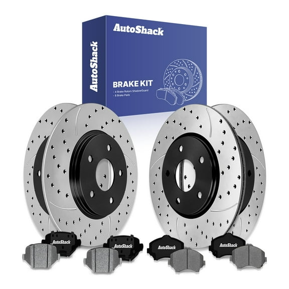 AutoShack Front Vented & Rear Solid Drilled & Slotted E-Coated Brake Rotors   Ceramic Pads 12-PC Brake Kit Replacement for 2012-2016 Dodge Grand Caravan 2012-2016 Chrysler Town & Country ShadowGuard