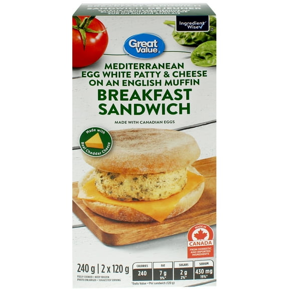 Great Value Mediterranean Egg White Patty & Cheese on an English Muffin Breakfast Sandwich, GV MD EGGWHT ENG MFN