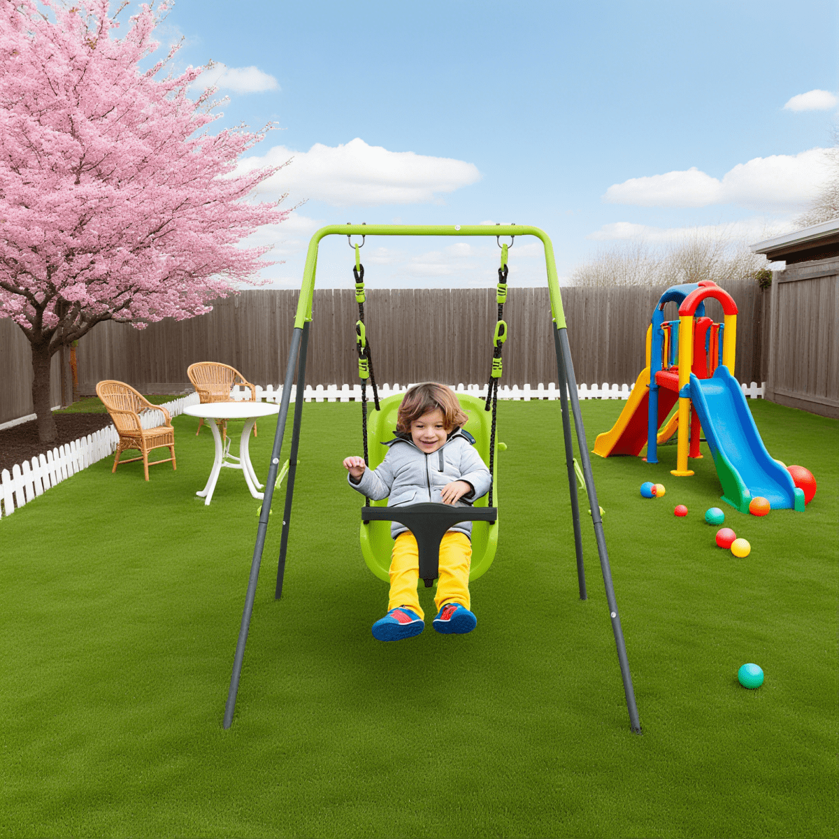 Indoor-Outdoor Baby Swing with Safety Seat, Sturdy Kids Toddler Swing Set with Heavy Duty A-Frame Metal Stand for Backyard, Playground and Nursery, 57" L x 37" W x 46" H