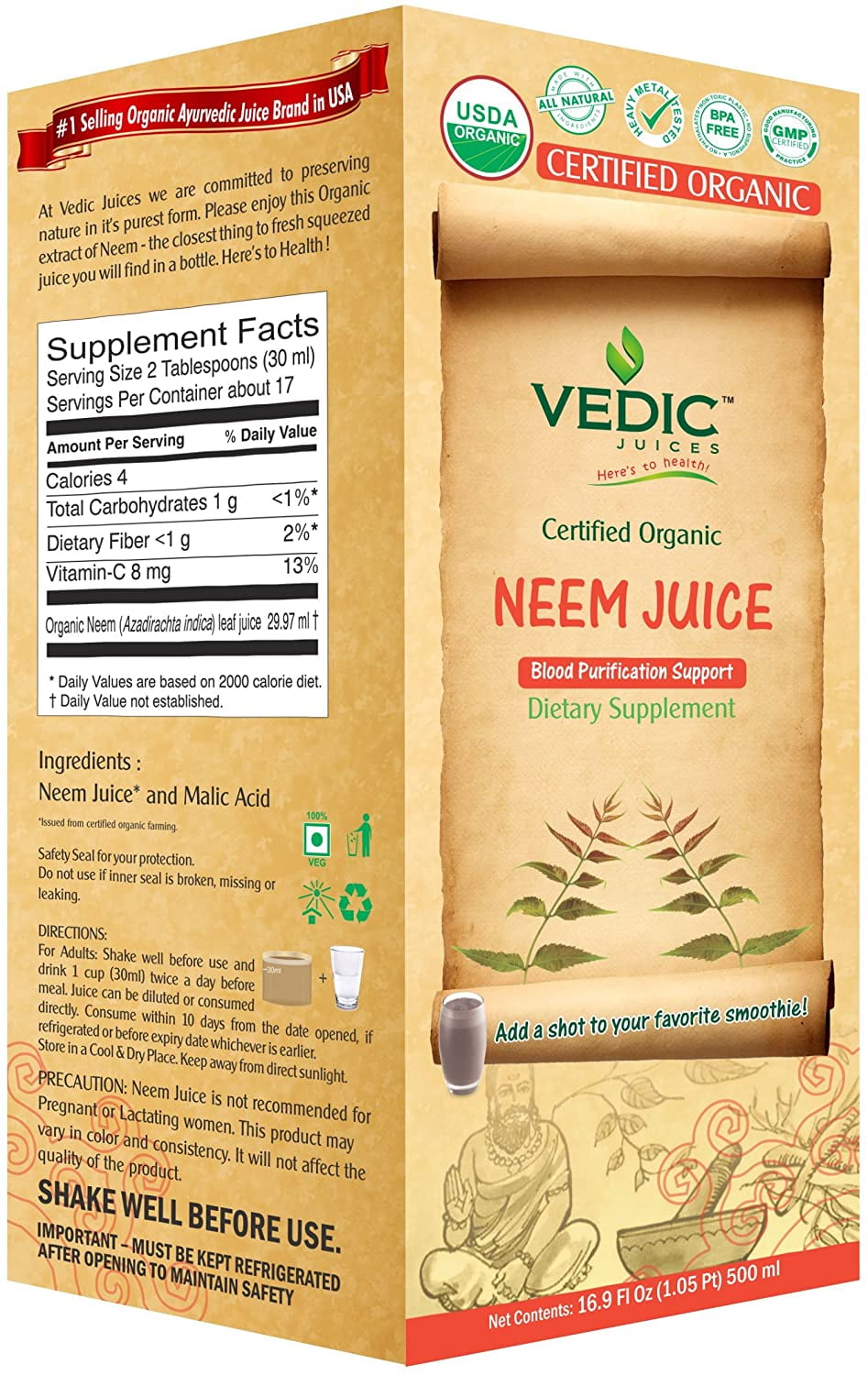 Neem Juice 500 Milliliter USDA Certified Organic Juice by Vedic Juices
