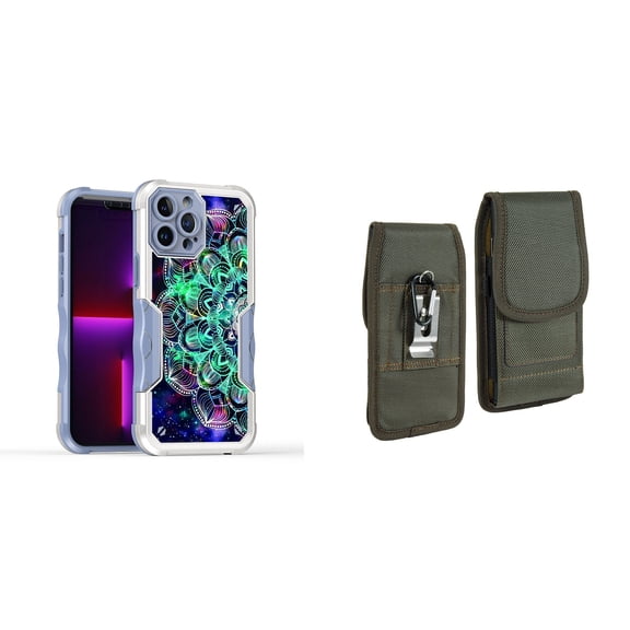 Case and Pouch Bundle for iPhone 14: Heavy Duty Armor Rugged Case (Teal Galaxy Mandala) and Vertical Rugged Nylon Belt Holster (Midnight Green)