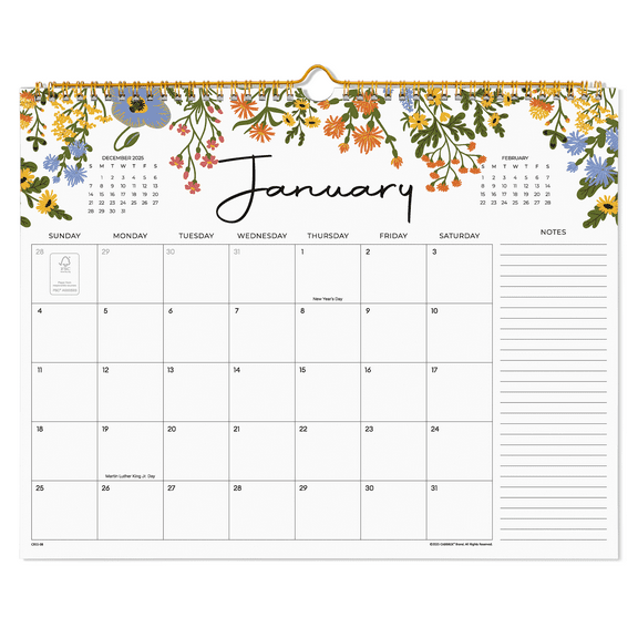 Cabbrix Wall Calendar 2026, 12 Months Calendar Runs From January 2026 - December 2026, 15" x 12", Twin-Wire Binding, Hanging Hook, Floral Design