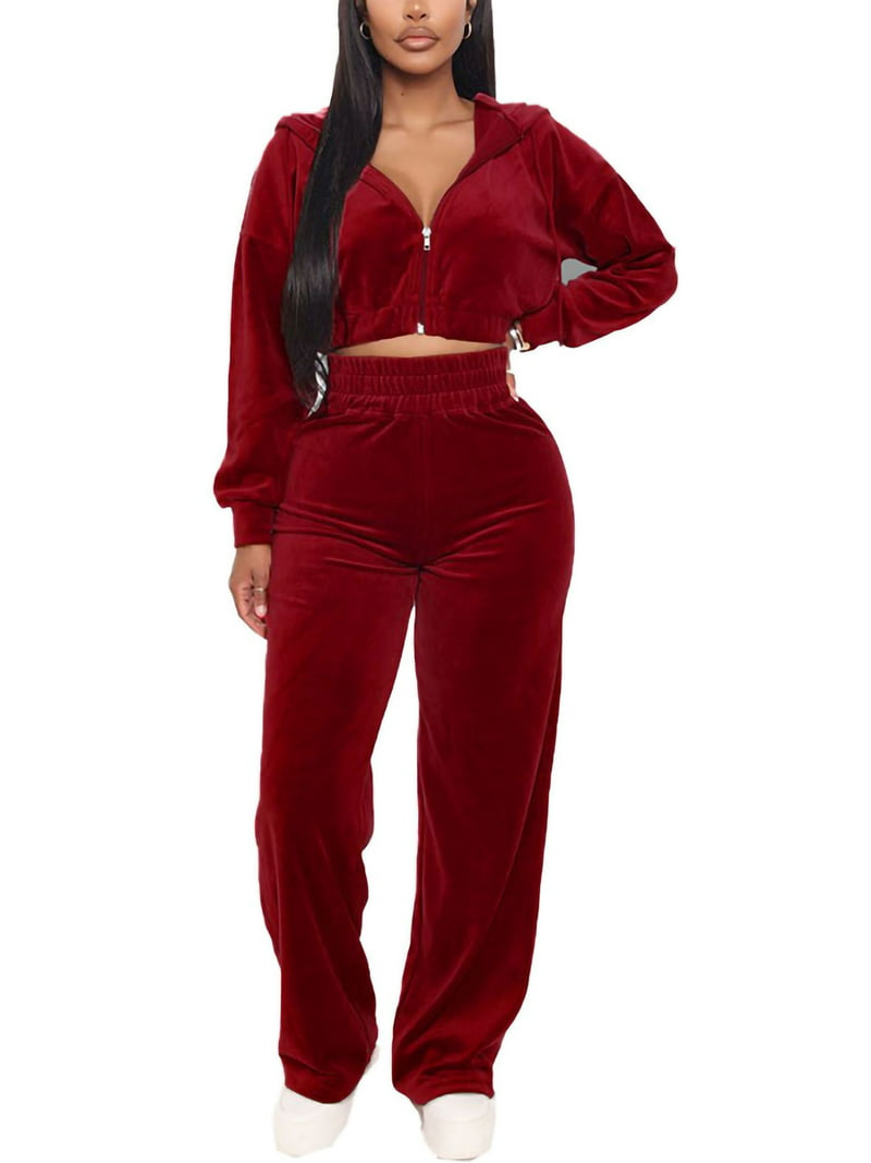 Avamo Womens Sexy Velvet Sweatsuit Outfits Crop 2 Piece Set Tracksuit - Walmart.com