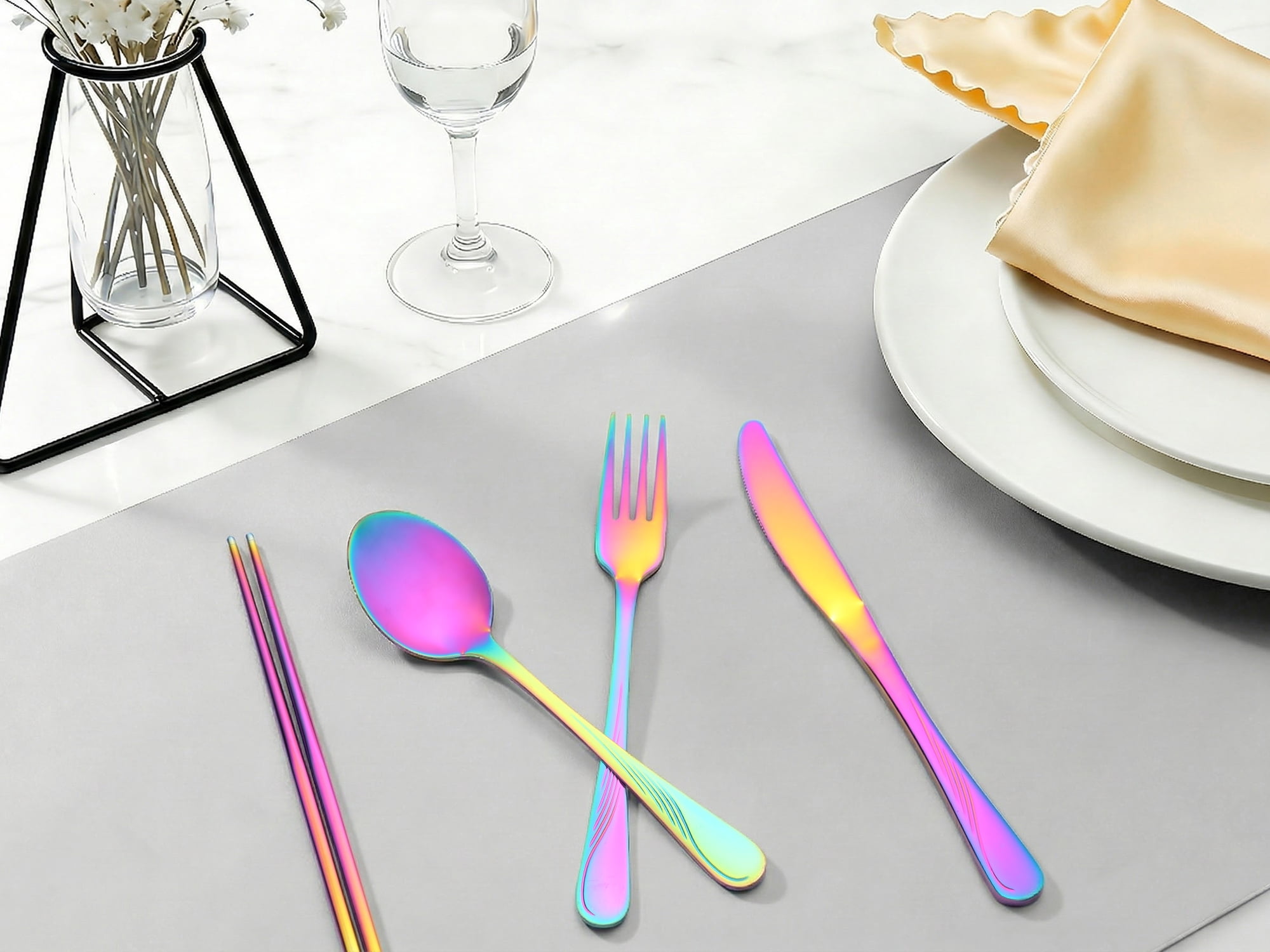 Unique Bargains Sleek and Stylish Durable Stainless Steel Flatware Set Colorful 4pcs