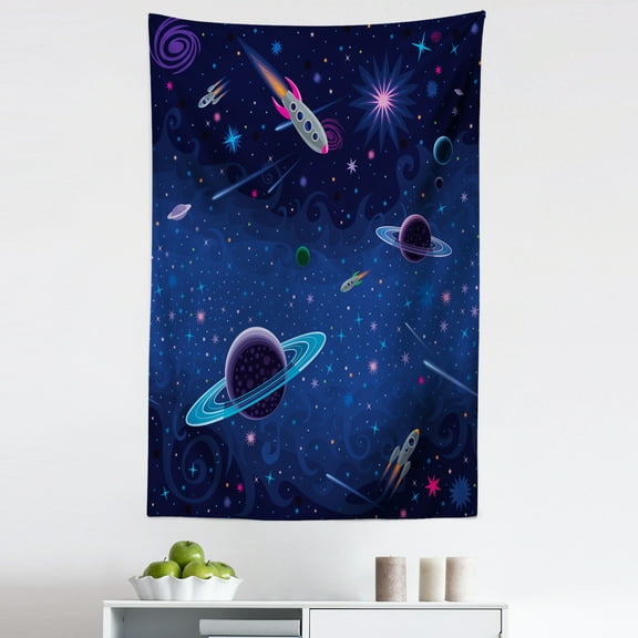 Outer Space Tapestry, Orbit Rocket Galaxy Stars Milkyway Nebula Cosmos Themed Art Print, Fabric Wall Hanging Decor for Bedroom Living Room Dorm, 5 Sizes, Indigo and Black, by Ambesonne