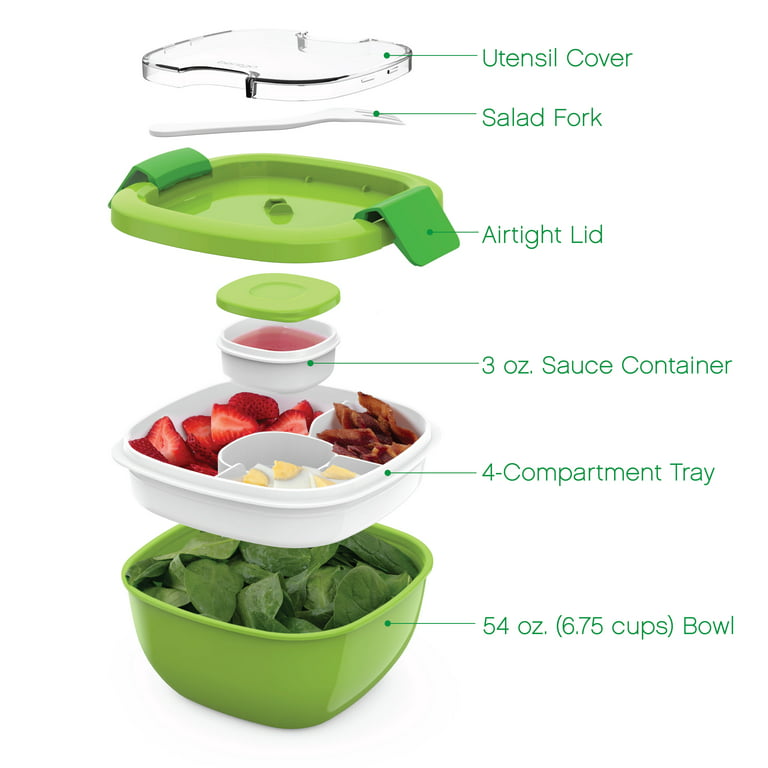 Bentgo Salad - Stackable Lunch Container with Large 54-oz Salad Bowl,  4-Compartment Bento-Style Tray for Toppings, 3-oz Sauce Container for  Dressings, Built-In Reusable Fork & BPA-Free (Coastal Aqua) 