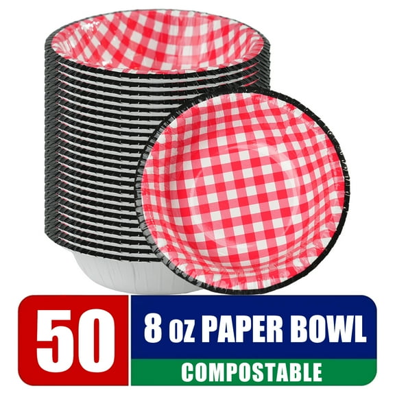 Verdelife 8oz Disposable Paper Bowls Plaid Red & Blue, Microwave Safe, Compostable, for Breakfast, Lunch, Dinner Meals(50 Count)