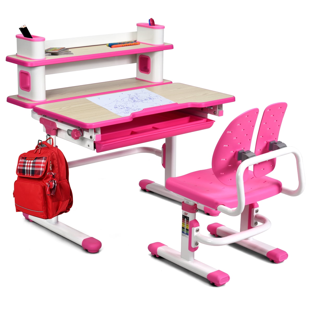 Ergonomic Childrens Desk and Chair Set Height Adjustable Tiltable School Desk Chair With Eye Protection Lamp Reading Stand for Girls Boys Pink Adjustable Kids Study Table and Chair Sets 