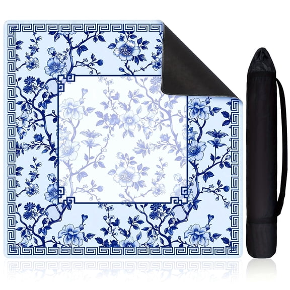 Chinoiserie Mahjong Mat with Carrying Bag, Anti-Slip, Noise-Reducing Blue and White Large Table Cover for Mahjong, Poker, and Board Games, 31.5” x 31.5”