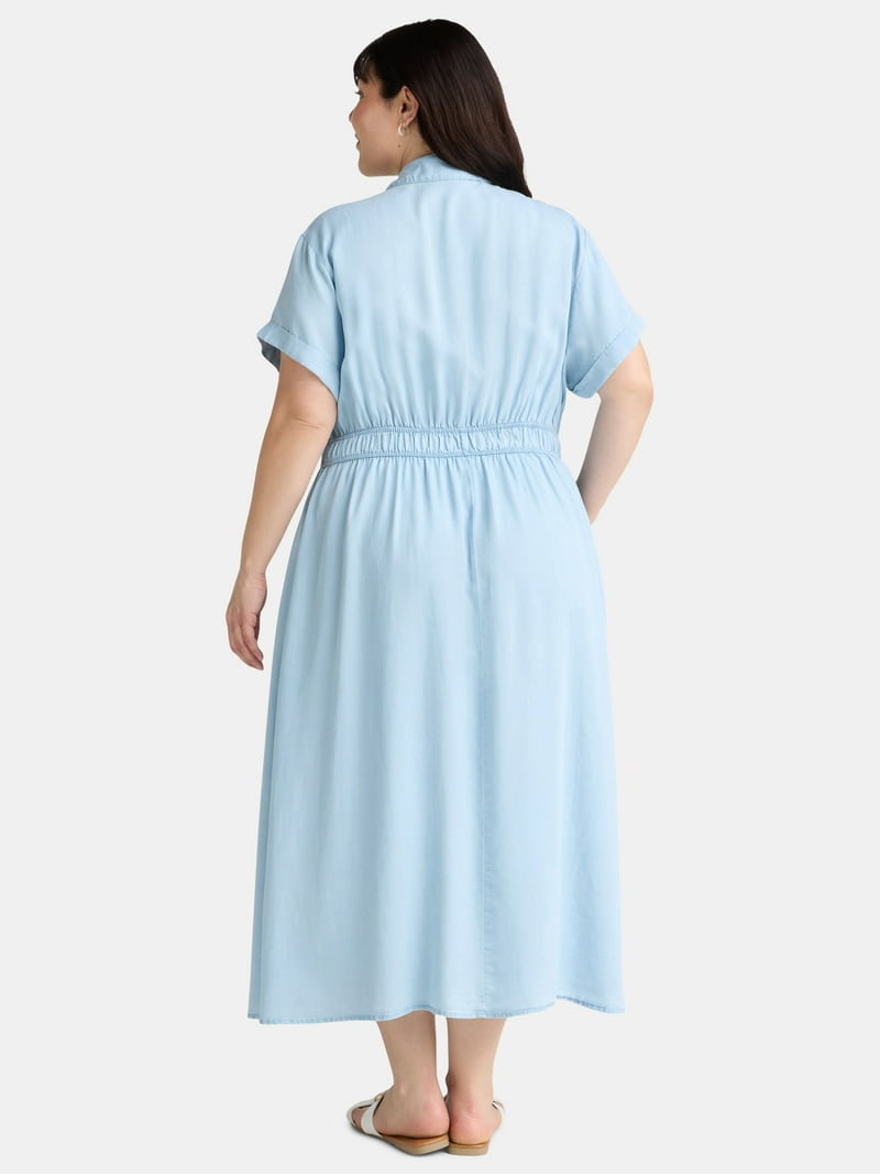 Terra & Sky Women's Plus Size Utility Shirt Dress, Midi, V-Neck