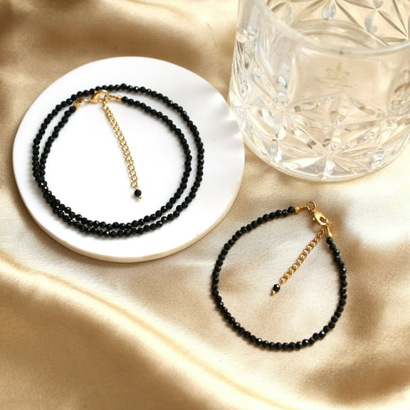 Gempires Necklace and Bracelet Black Tourmaline Gemstones Set, 14k Gold-Plated Jewelry for Women
