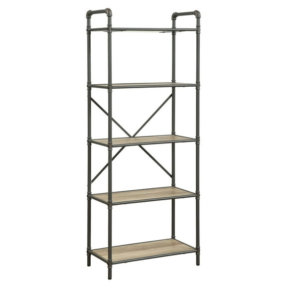 ACME Itzel 5-Shelves Bookshelf in Antique Oak and Sandy Gray