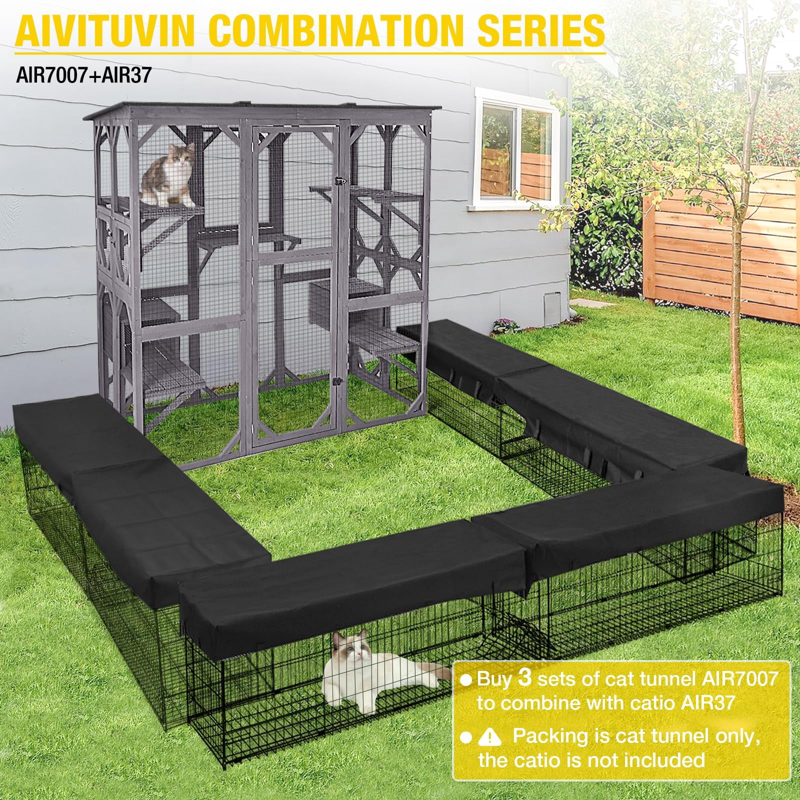 Wooden Catio Outdoor Enclosure with Extra Large Entry Door, Multi-Level Platforms for Climbing, Indoor Cat Playpen with Two Sleeping Houses, Grey