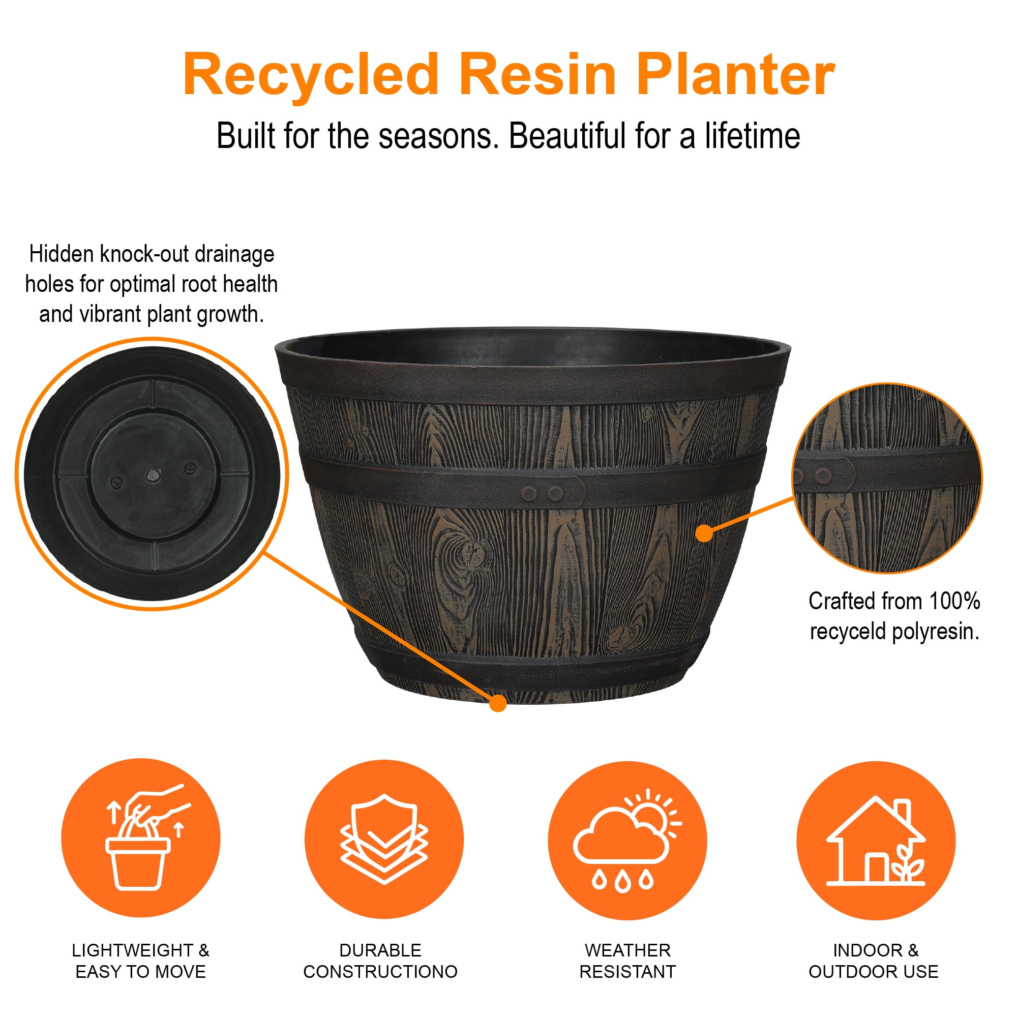 Better Homes & Gardens Whiskey Barrel Round Recycled Resin Planter, Brown, 19.9 in x 19.9 in x 13 in