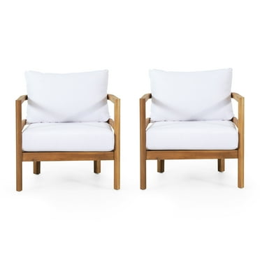 Noble House Varva Transitional Acacia Wood Solid Outdoor Club Chair with Cushion, White Set of 2