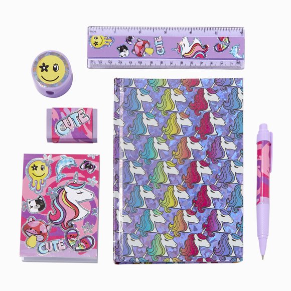 Claire's Ensemble de Papeterie Violet Y2k Unicorn de 6 Pcs, Comprend Bloc-Notes, Règle, journal, Taille-Crayon, Stylo et Gomme, 6854
