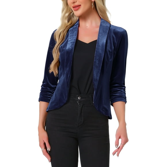 INSPIRE CHIC Valentine's Day Velvet Jackets for Women's 3/4 Sleeve Open Front Velvet Cardigan M Dark Blue