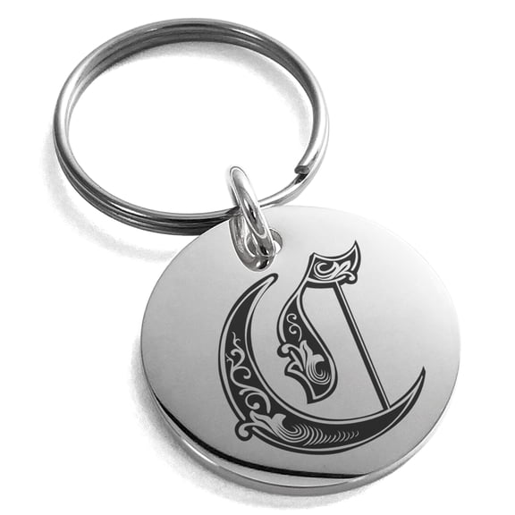 Stainless Steel Letter C Initial Royal Monogram Engraved Small Medallion Circle Charm Keychain Keyring