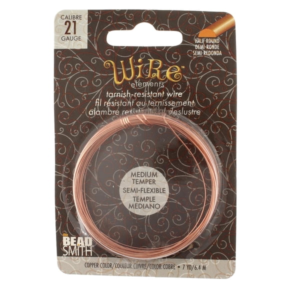 The Beadsmith Half-Round Craft Wire - Medium Temper Beading Wire, Copper Color, 21 Gauge, 7 Yards