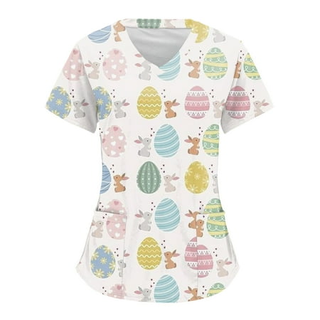 

Women Scrubs Top Working Uniform Nurses Clothing Workwear Easter Cartoon Rabbit Printed Short Sleeve V-Neck Workwear TShirt Top Blouse With Pockets