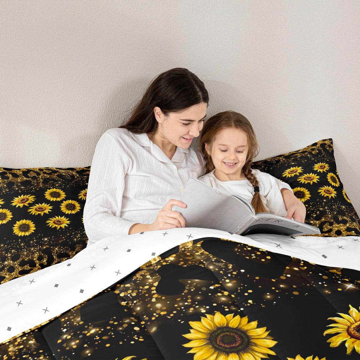 Manfei Fashion Leopard Print Bedding Sets Twin with Comforter, Sunflower Print Comforter Sets Twin Size, Glitter Reversible Down Comforter, Super Cozy Bedroom Decoration, 2pcs
