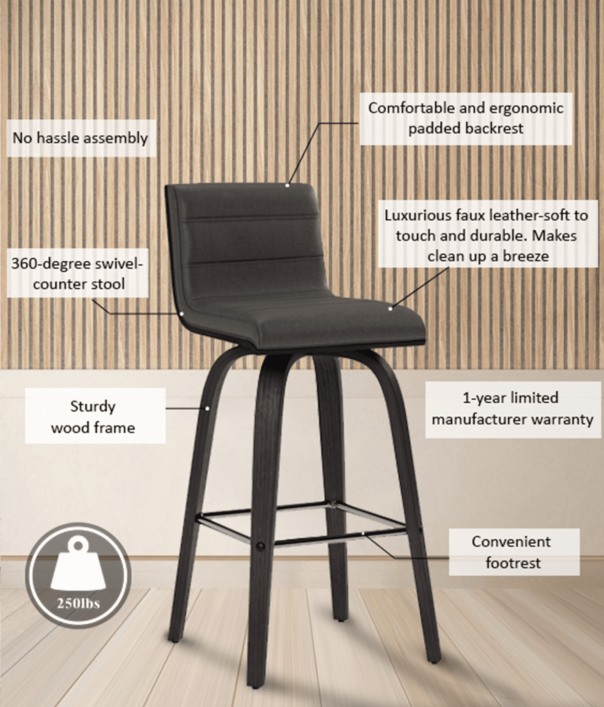 Vienna 26" Swivel Counter Stool in Black Wood Finish with Gray Faux Leather - Set of 3