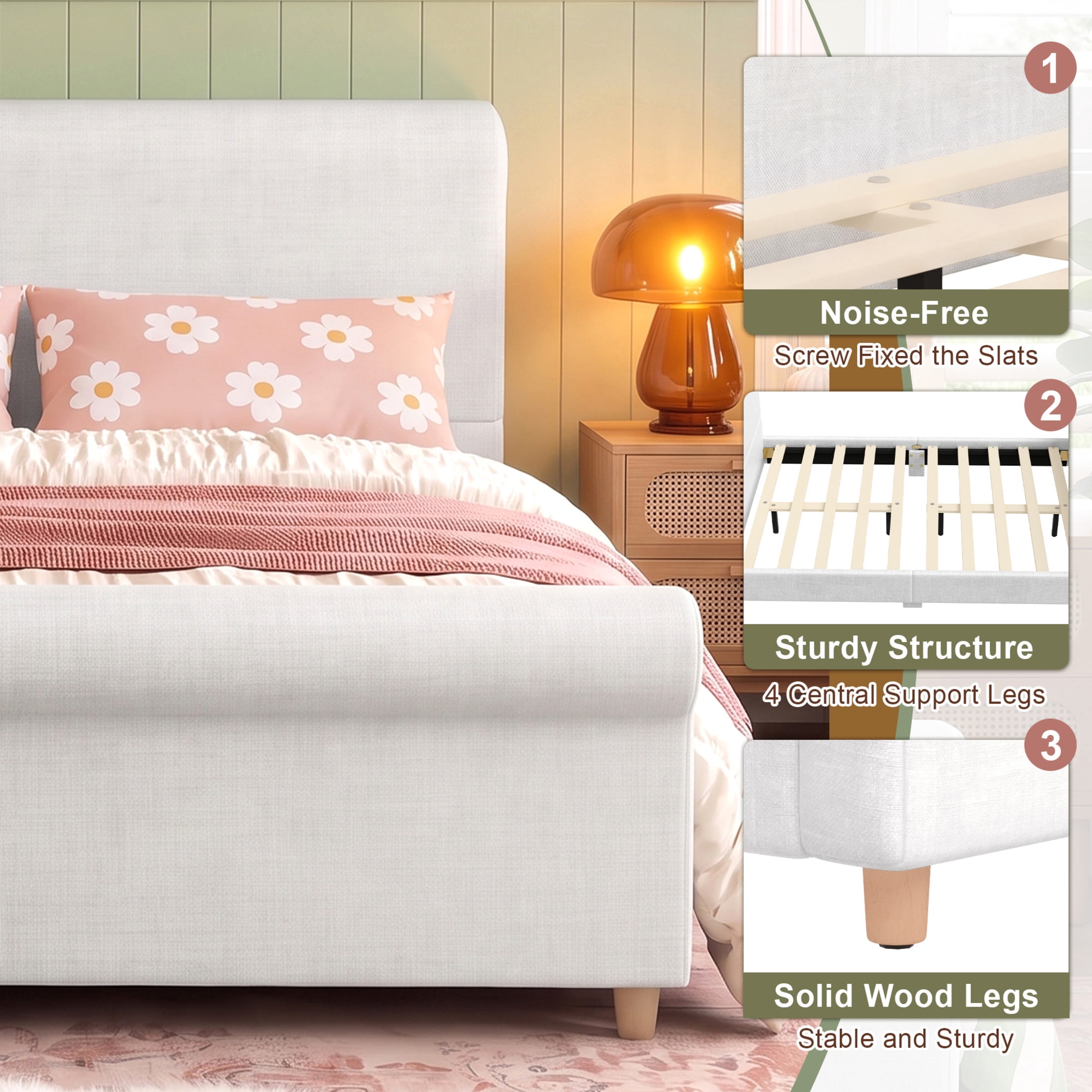GDF Studio Flora Queen Size Upholstered Sleigh Bed Frame with High Headboard, Solid Wood Legs & Slats Support, Beige