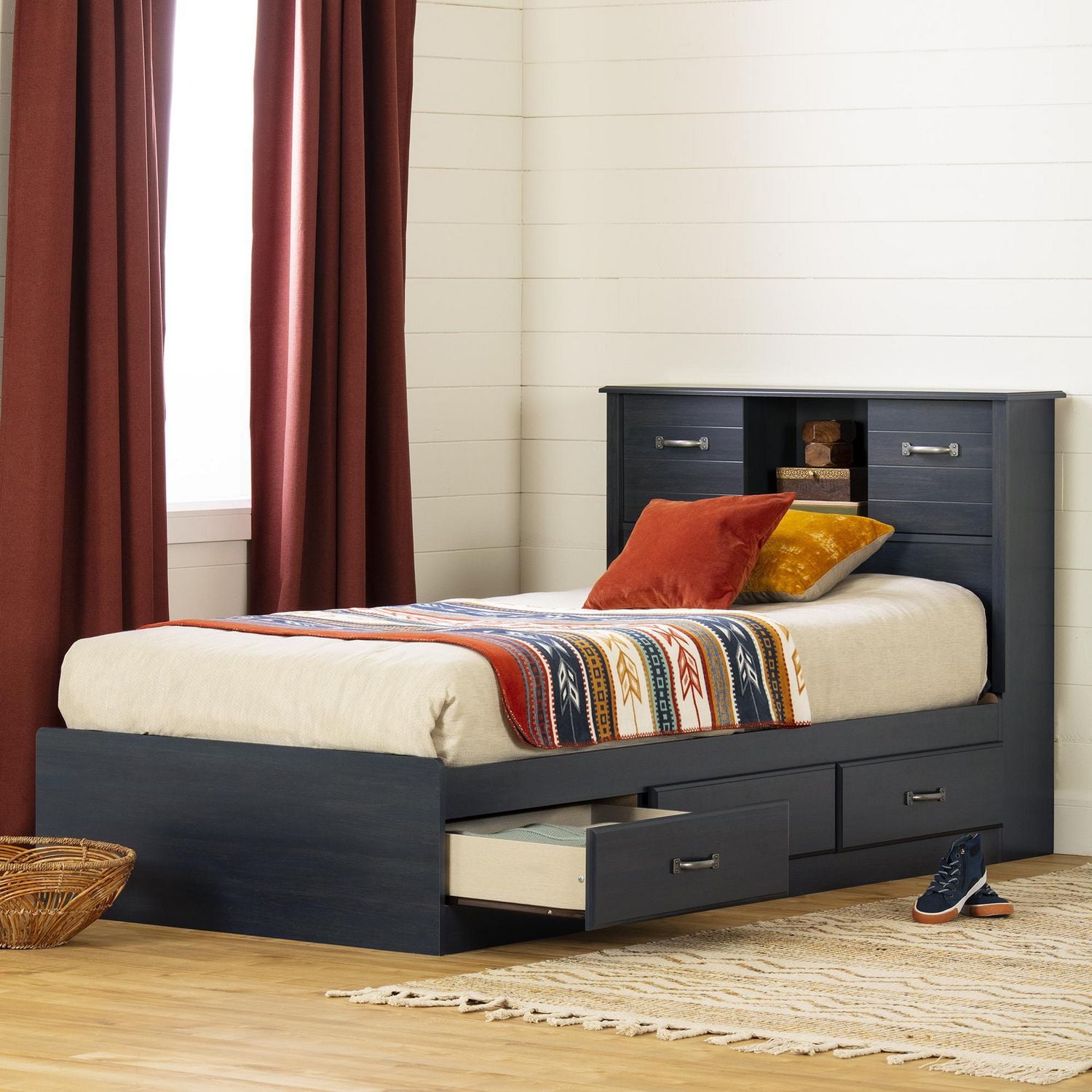 South Shore Ulysses Twin Storage Bed and Bookcase Headboard Set, in Blueberry