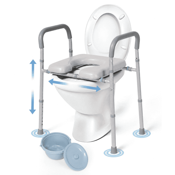 Naipo 3-in-1 Bedside Commode Chair for Seniors,Toilet Riser,Shower Chair,Adjustable Height and Width,Padded Seat and Armrests,300 lbs Capacity,7.5 Quart Removable Bucket