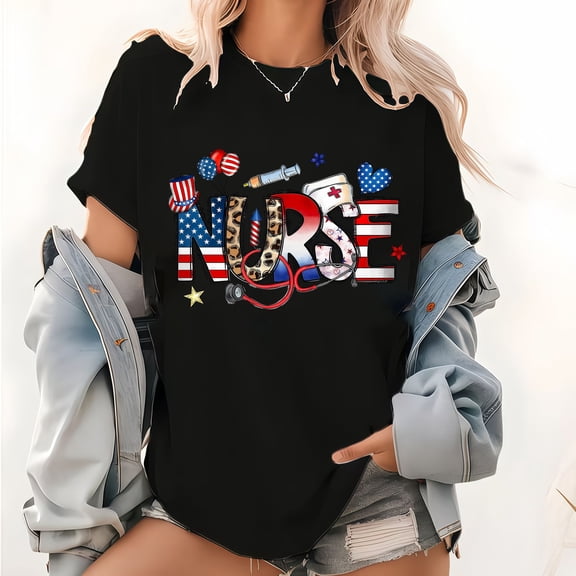 Womens "Nurse" Patriotic - Themed Graphic Tees with Flag, Stethoscope & Medical Elements Print T - shirts Casual Short Sleeve Tops Ideal For Daily Wear Shirts