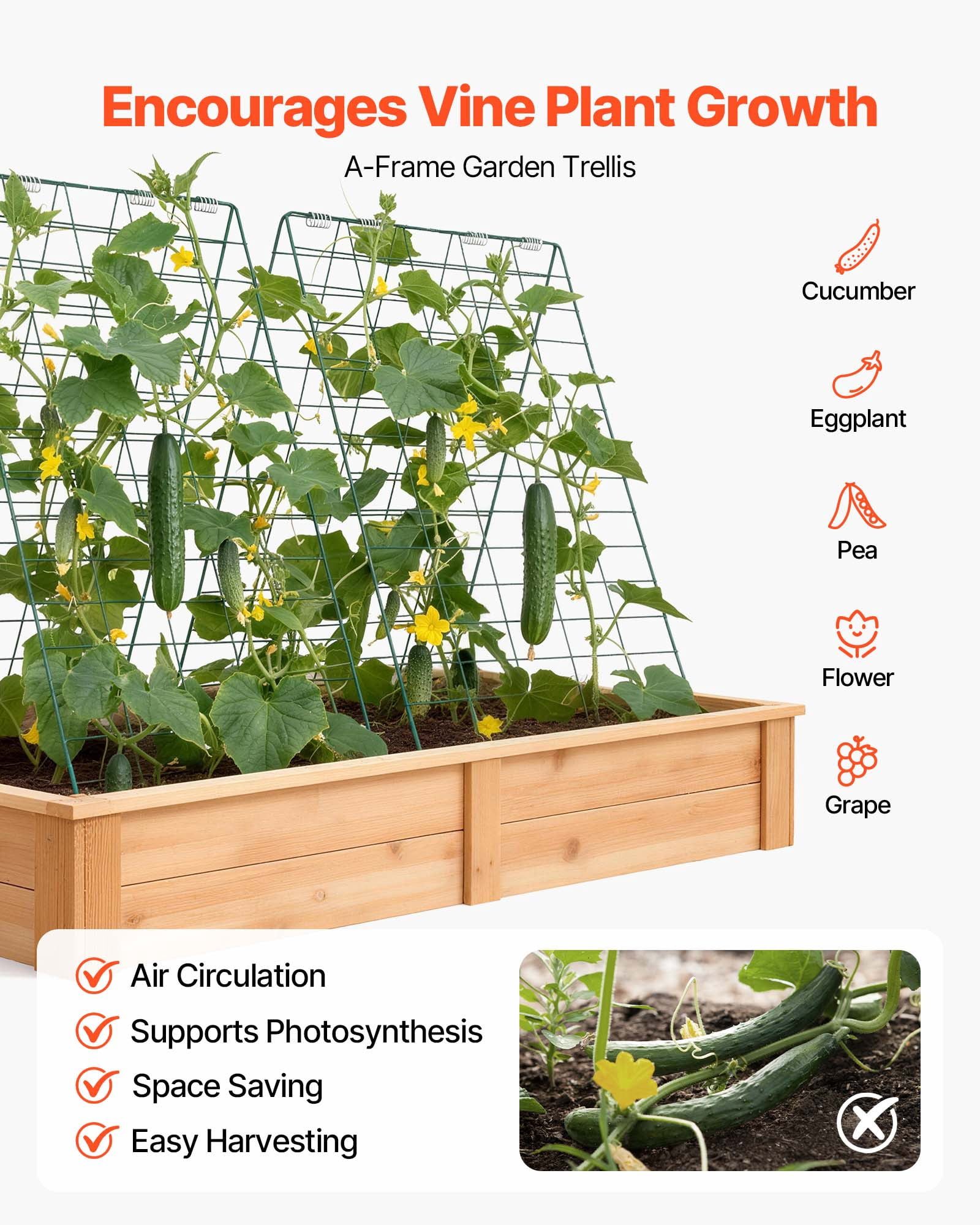 VEVOR Cucumber Trellis 4 Pack, A-Frame Garden Trellises for Raised Bed, Metal Rustproof Coating Plant Support for Vine, Climbing Plants, Peas, Beans, Zucchini, Tomato, Flower(35.43 x 27.56 in x 4PCS)