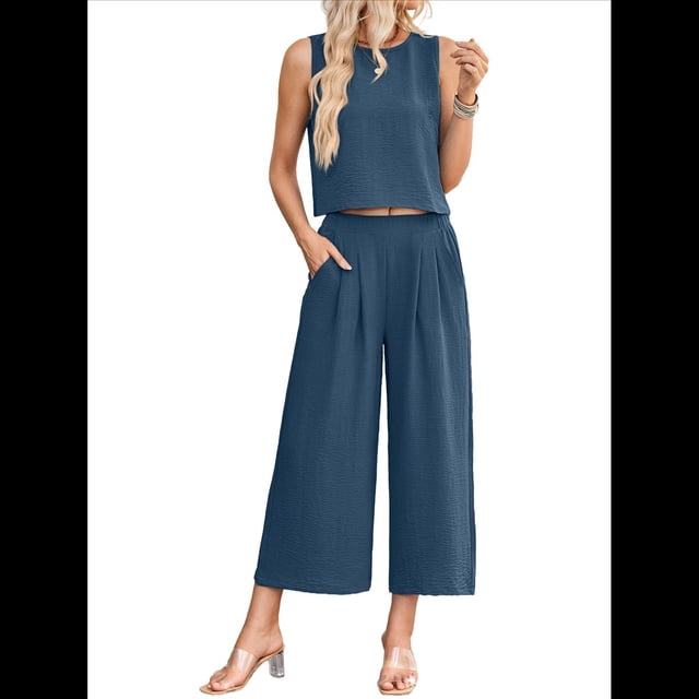 Conjunto de Dos Piezas de Verano para Mujer: Top Corto Básico Sin Mangas con Cuello Redondo y Pantalones Anchos con Bolsillos Azul Oculto S