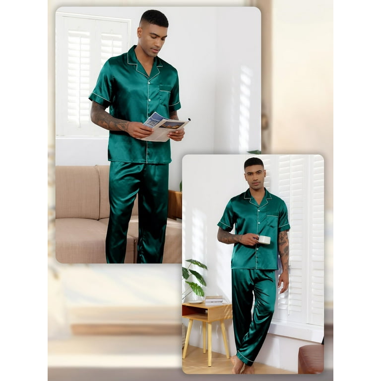 Silk Satin Pajama Sets for Men Short Sleeve Button-Down Pajamas