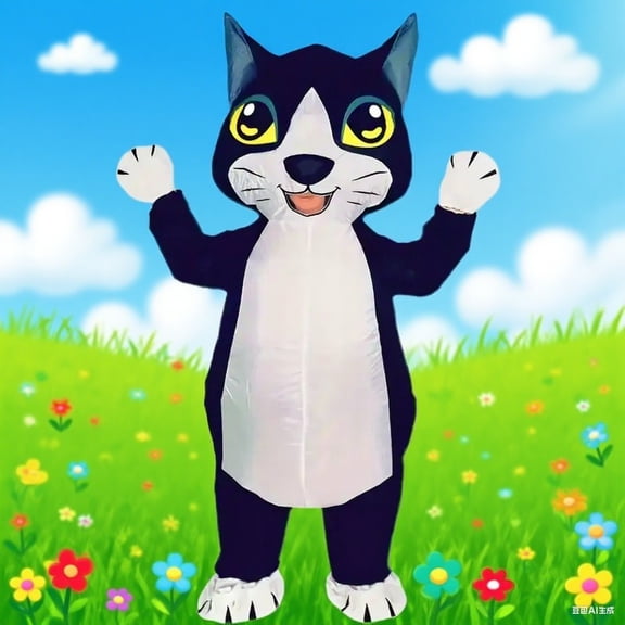 Inflatable Cat Costume Inflatable Walking Cat Jumpsuit Inflates Through The Air Funny Fancy Dress Halloween Cosplay Party,Height 59"–74.8",black